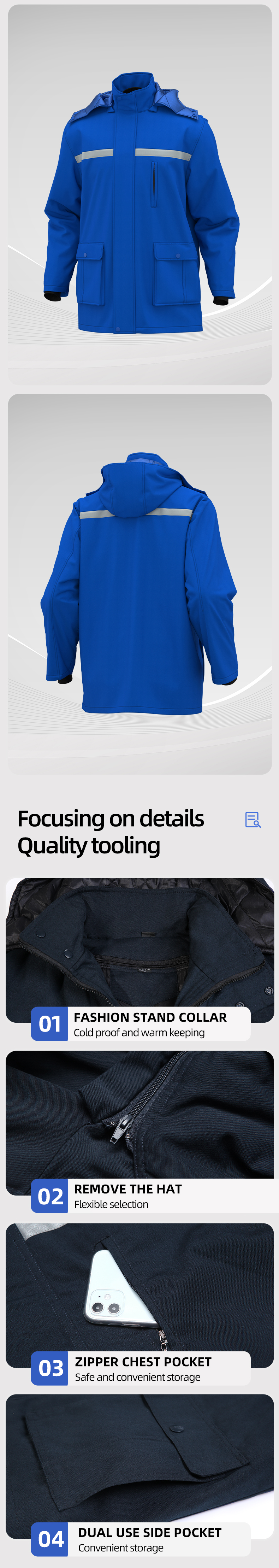 Detachable Wide High Visibility Mid-Length Winter Work Jacket