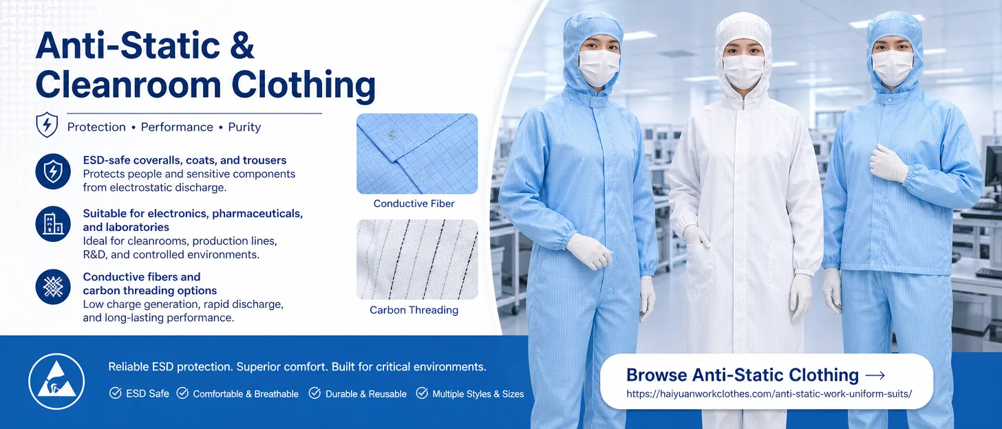 Anti-static and ESD safe cleanroom clothing