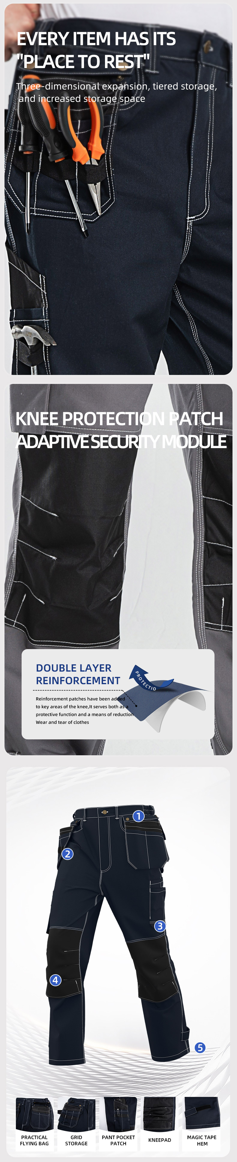 Cotton multi-pocket knee-pad work pants