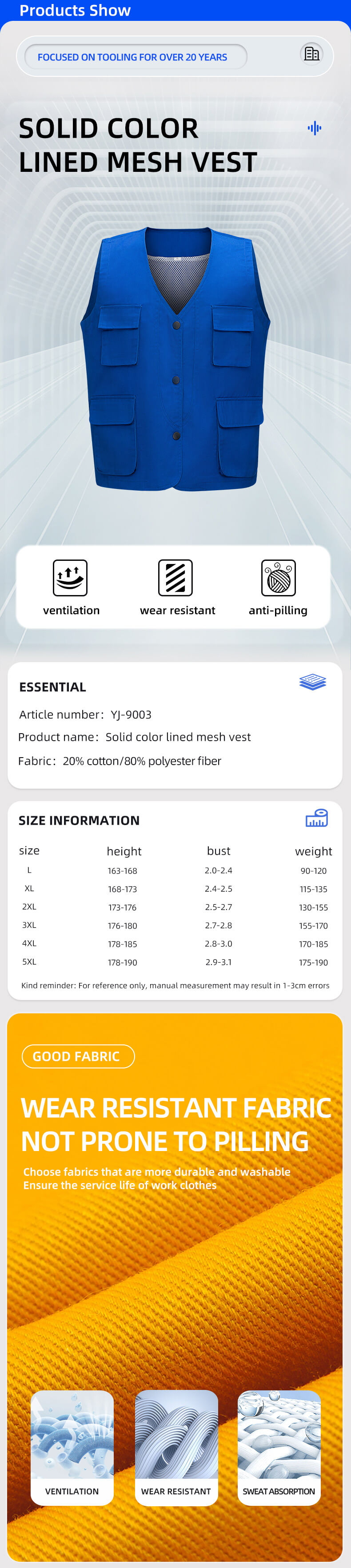 YJ-9003 Concealed Button Solid Color Mesh Work Vest