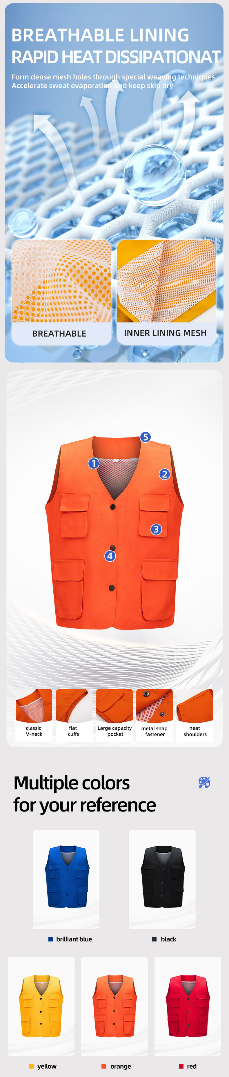 YJ-9003 Concealed Button Solid Color Mesh Work Vest