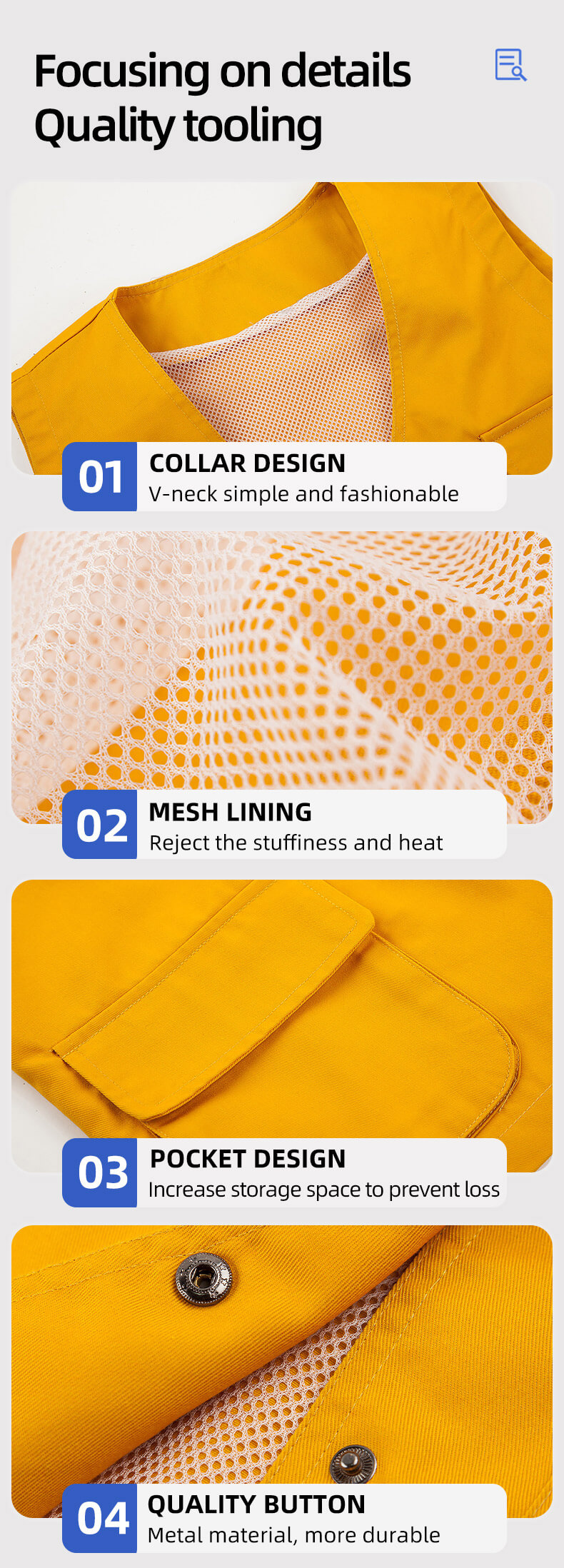 YJ-9003 Concealed Button Solid Color Mesh Work Vest