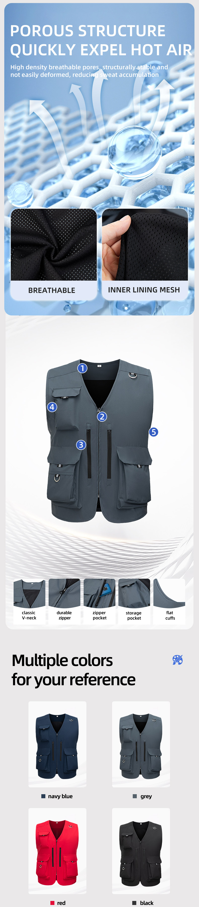 YJ-9020 Polyester Pongee Vest with Double Vertical Zippers and Large Pockets