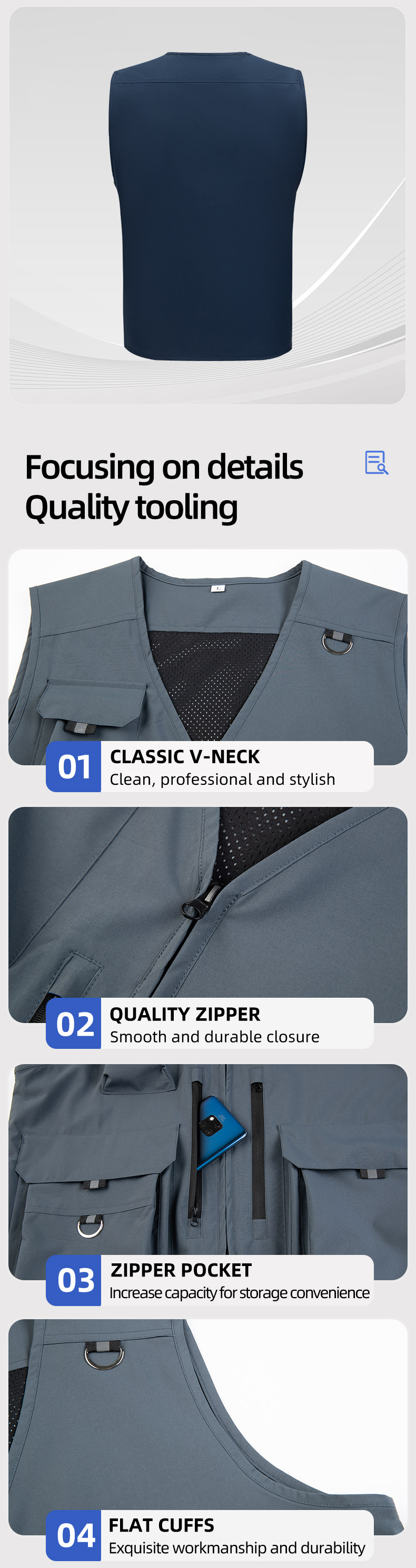 YJ-9020 Polyester Pongee Vest with Double Vertical Zippers and Large Pockets