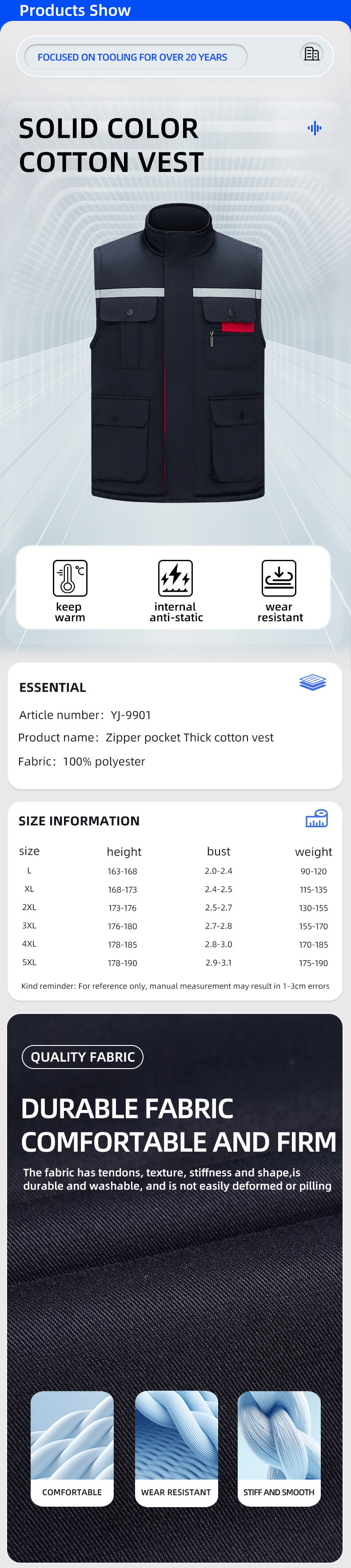 YJ-9901 Stand Collar Thickened Warm Cotton Vest