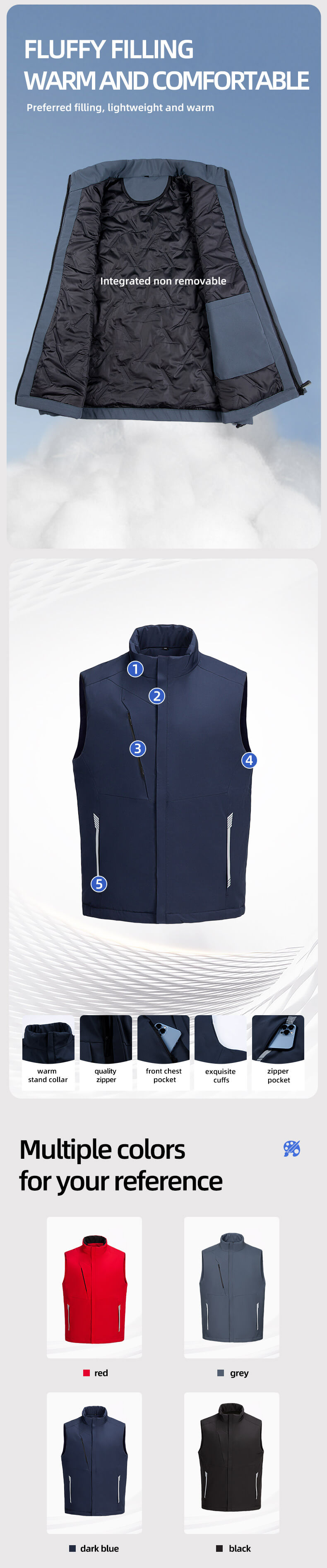 A solid color one-piece down cotton vest with a pocket