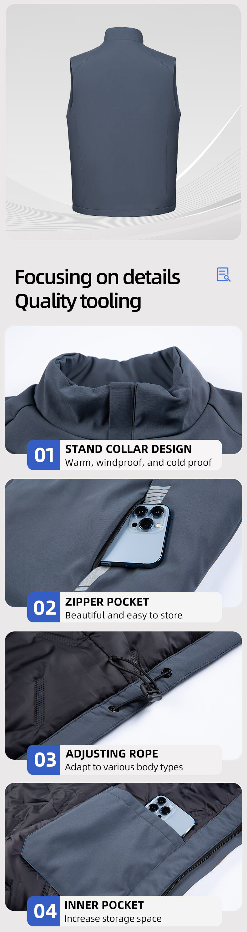 A solid color one-piece down cotton vest with a pocket