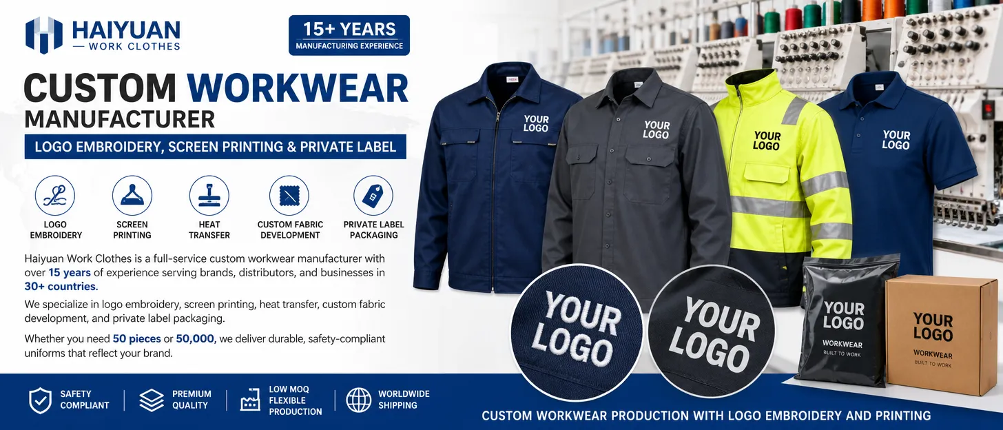 Custom workwear production with logo embroidery and printing