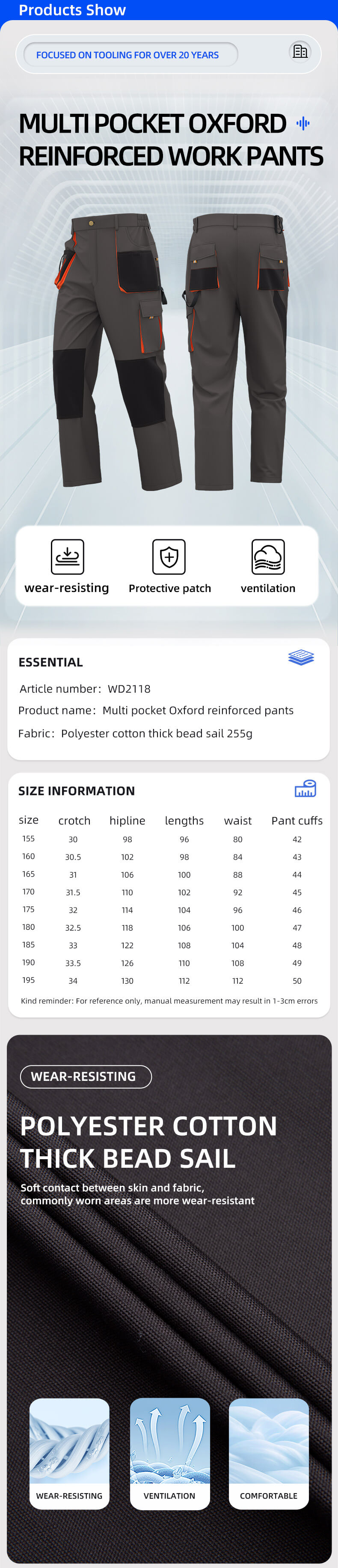wd2118-Work-pants-material-size-introduction