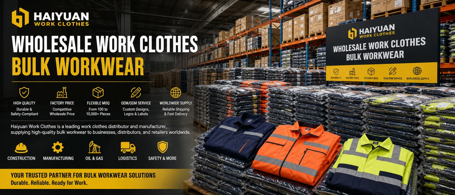 Wholesale work clothes and bulk workwear stacked in warehouse