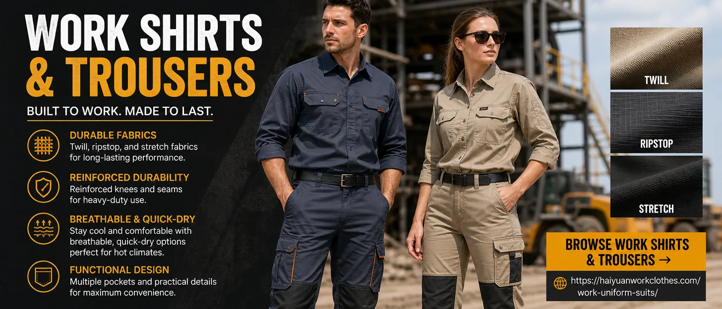 Work shirts and trousers Suits in durable fabrics