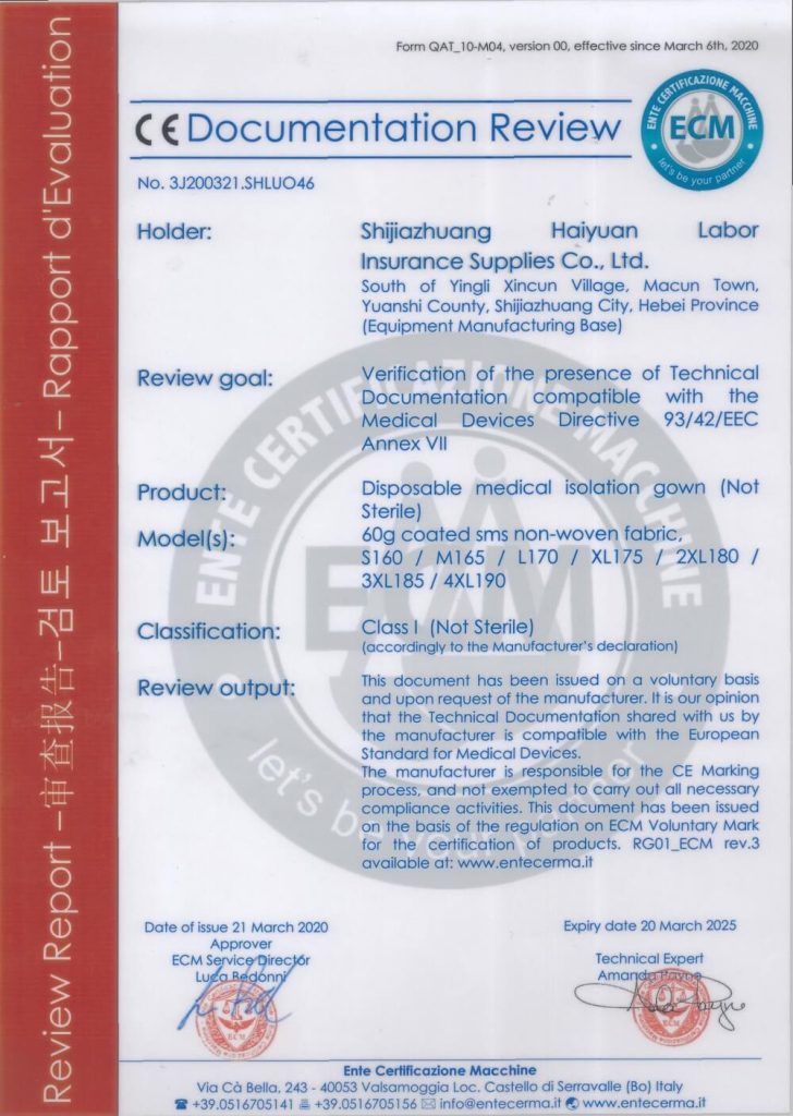 Shijiazhuang Haiyuan Labor Protection Products Co., Ltd. ce-certificates