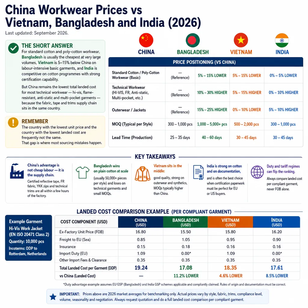 China Workwear Prices vs Vietnam, Bangladesh and India (2026)