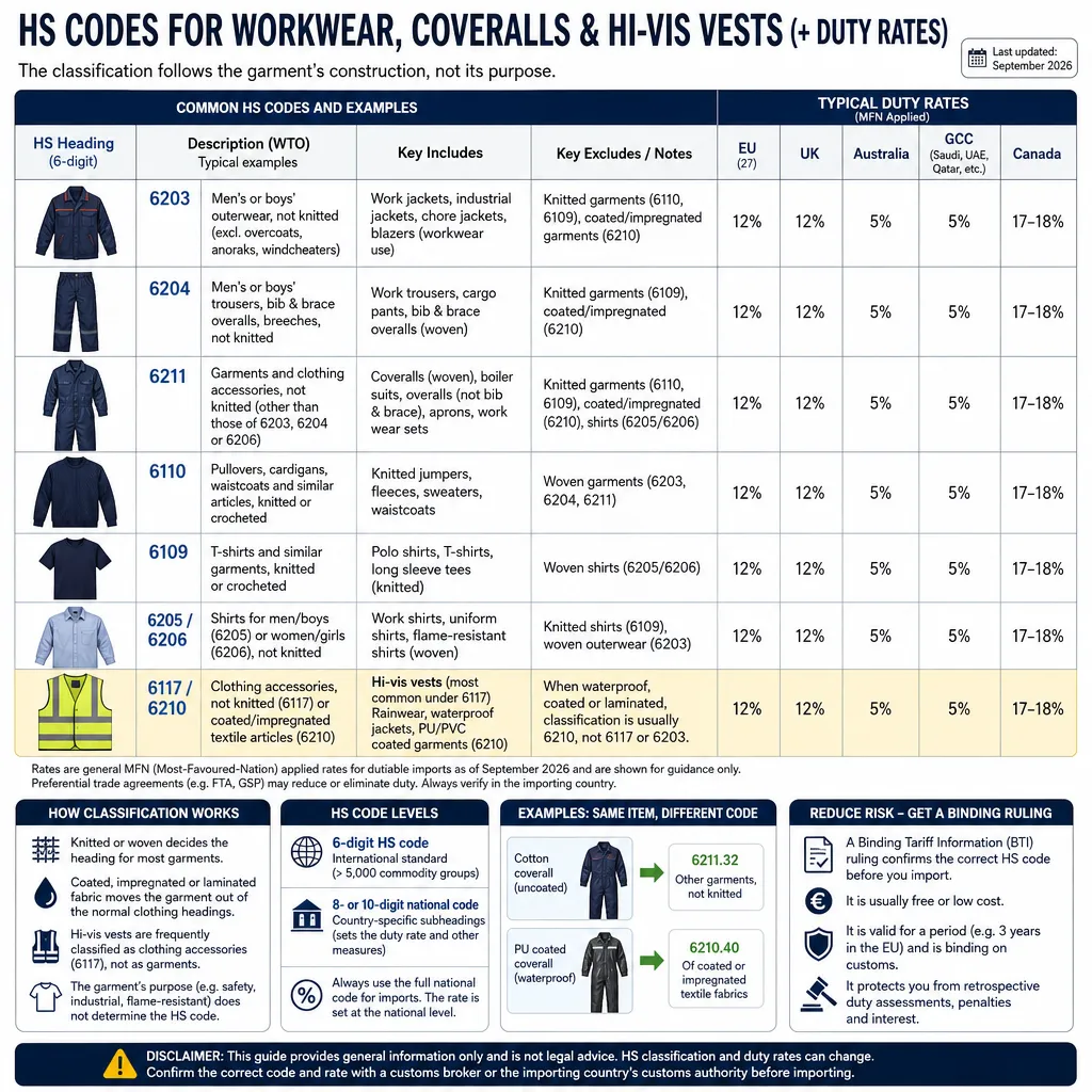 hs codes for workwear