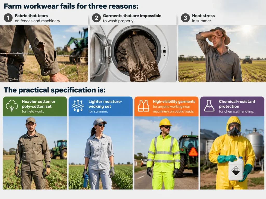 Farm workwear that lasts: fabric weights for field work, reinforcement at the wear points, hi-vis for road work, and why chemical handling needs a different garment.