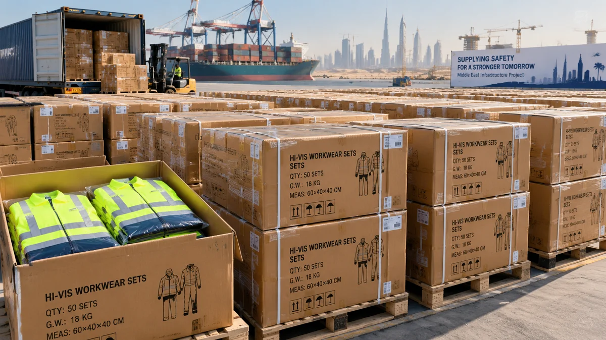 Twelve thousand hi-vis workwear sets stacked in export cartons ready for shipment to a Middle East infrastructure project