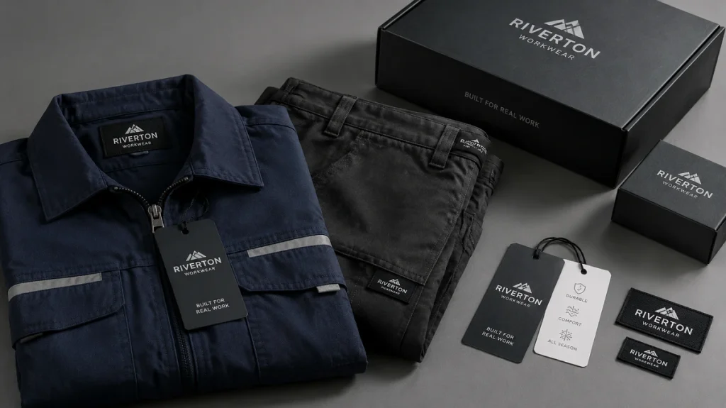 Private-label workwear garments with custom woven labels, hang tags and branded packaging boxes