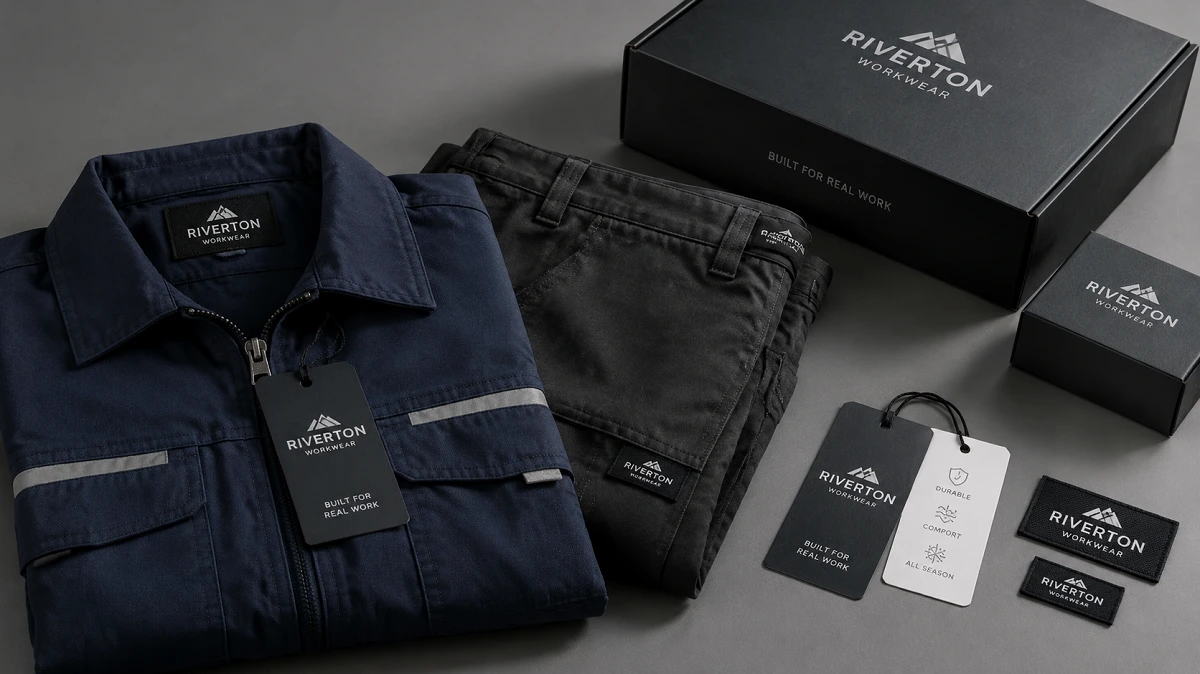 Private-label workwear garments with custom woven labels, hang tags and branded packaging boxes