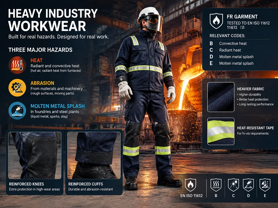 Heavy industry workwear is specified around three hazards: radiant and convective heat, abrasion from materials and machinery, and molten metal splash in foundries and steel plants. The practical specification is an FR garment tested to EN ISO 11612 with the relevant codes — B for convective heat, C for radiant heat, D and E for molten metal splash — in a heavier fabric with reinforced knees and cuffs, plus heat-resistant tape where hi-vis is required.