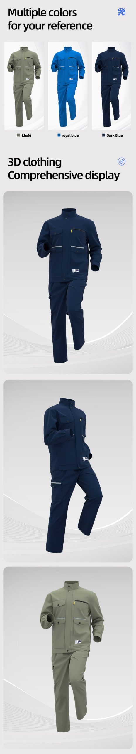 Three-dimensional images of the power work clothes in three colors