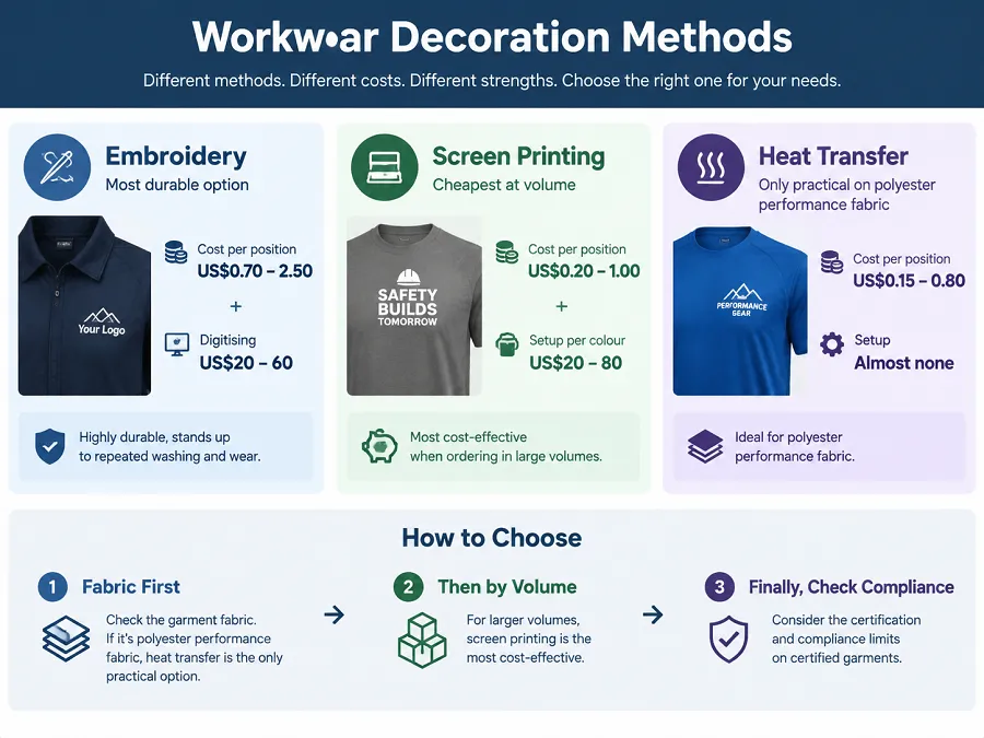Embroidery, screen printing and heat transfer compared for workwear: setup costs, price per position, wash durability, fabric suitability and hi-vis compliance rules.