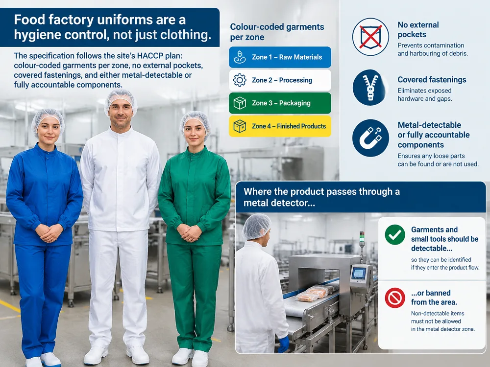 Food factory uniforms are a hygiene control, not just clothing. The specification follows the site's HACCP plan: colour-coded garments per zone, no external pockets, covered fastenings, and either metal-detectable or fully accountable components. Where the product passes through a metal detector, garments and small tools should be detectable or banned from the area.