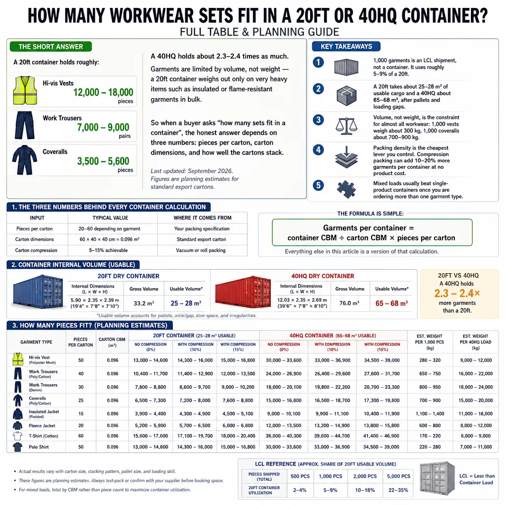 how many workwear sets fit in a container