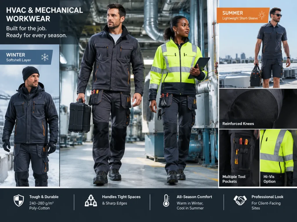 A procurement guide to HVAC workwear: the layered kit that handles four seasons, reinforcement that pays for itself, hi-vis options and sizing advice.