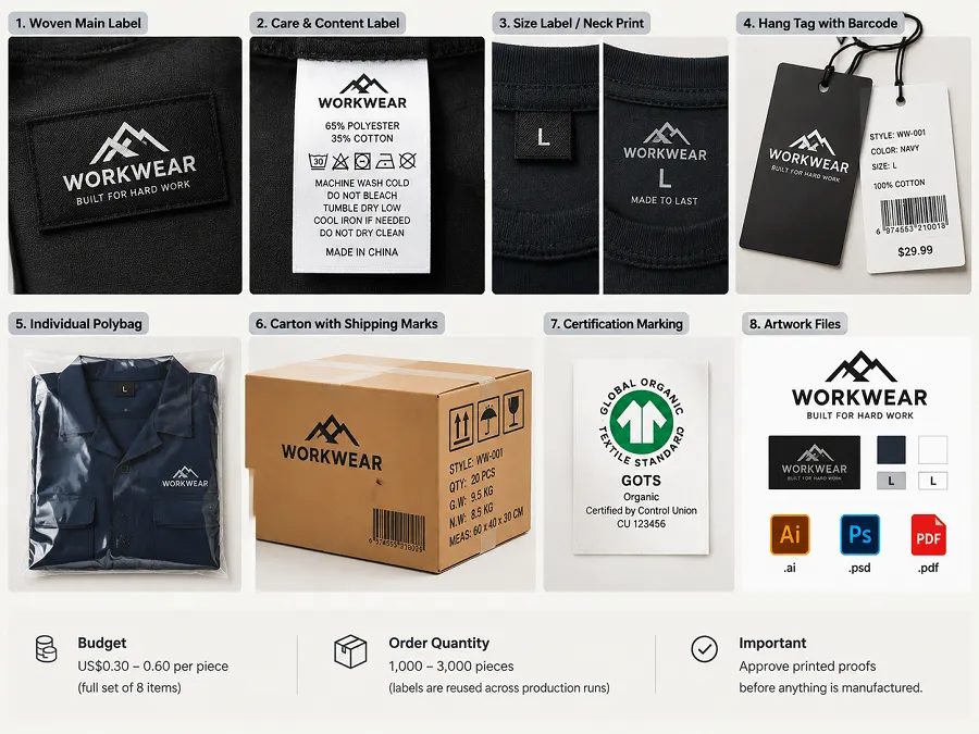 A private-label checklist for workwear labels and packaging: woven and care labels, size marking, hang tags, barcodes, polybags and cartons, with costs and MOQs.