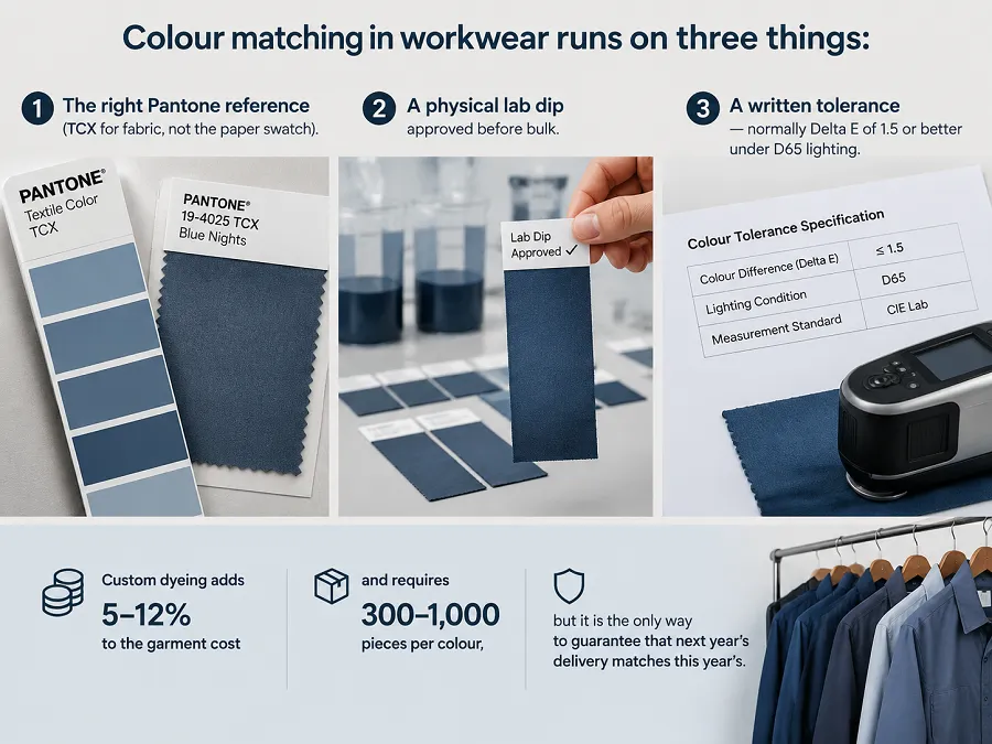 How Pantone colour matching works for bulk workwear: TCX lab dips, Delta E tolerances, dye-lot variation, metamerism, fastness requirements and the approval workflow.
