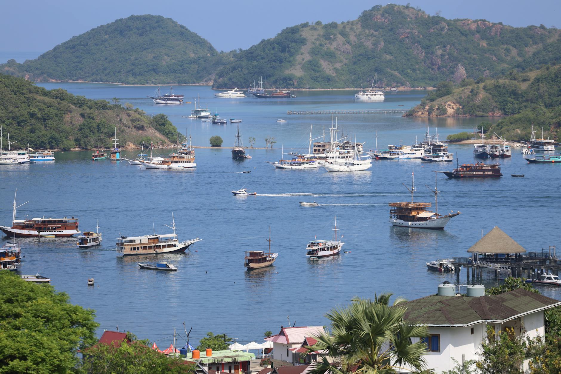 Explore the picturesque harbor of Labuan Bajo, Indonesia, bustling with boats against lush hills.
