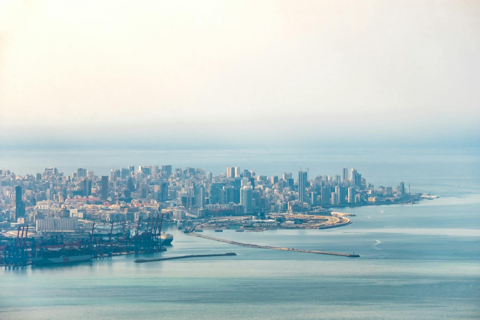 Aerial view of Beirut's vibrant cityscape along the Mediterranean Sea coast.