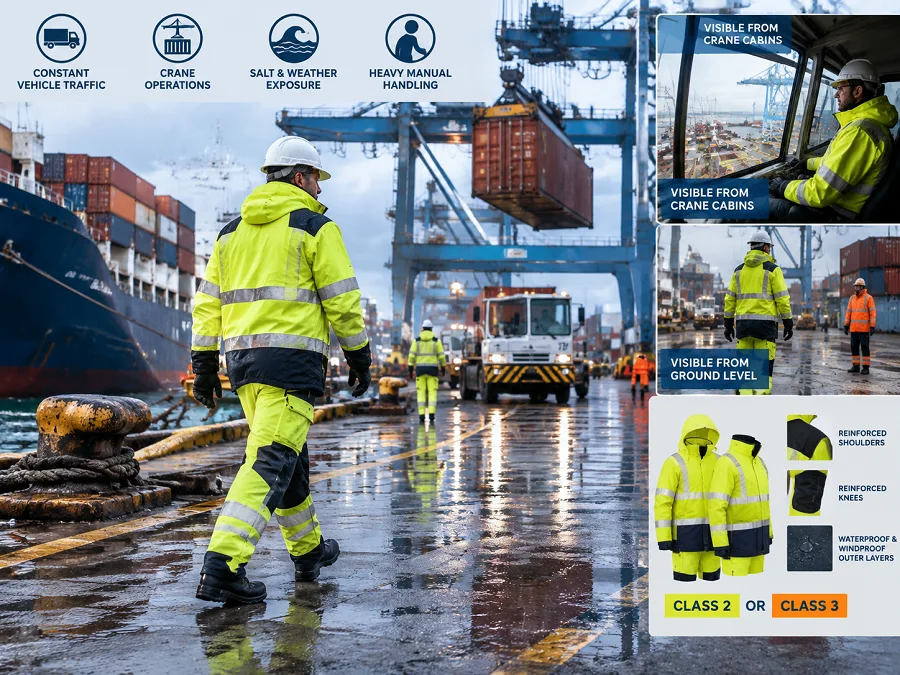 Port and terminal work combines constant vehicle and crane traffic, salt and weather exposure, and heavy manual handling. Class 2 or Class 3 hi-vis is standard, with waterproof and windproof outer layers for open quays, reinforcement at the shoulders and knees, and garments that let crews be seen from crane cabins as well as from ground level.
