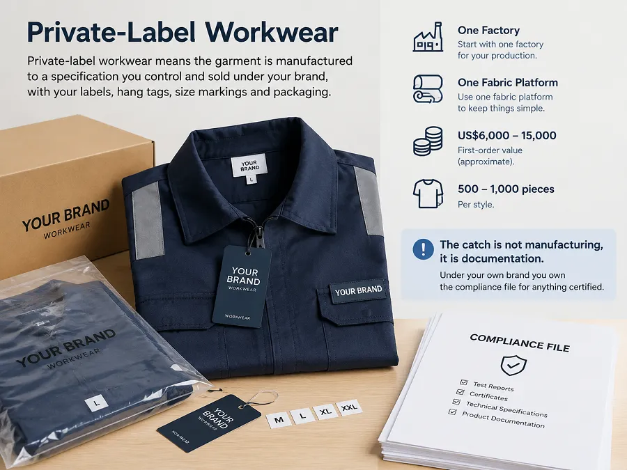 How to launch a private-label workwear brand with one factory: costs, MOQs, labels, packaging, certification duties and a 90-day plan.