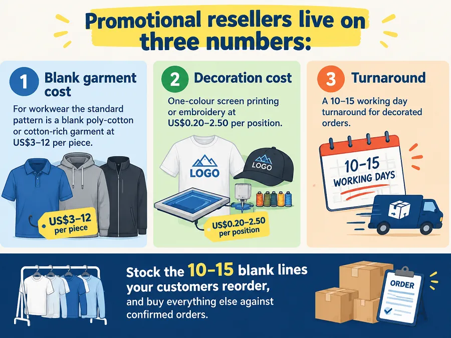 Source blank and decoratable workwear: which fabrics suit printing and embroidery, what to stock, decoration costs, price breaks and lead times for resellers.
