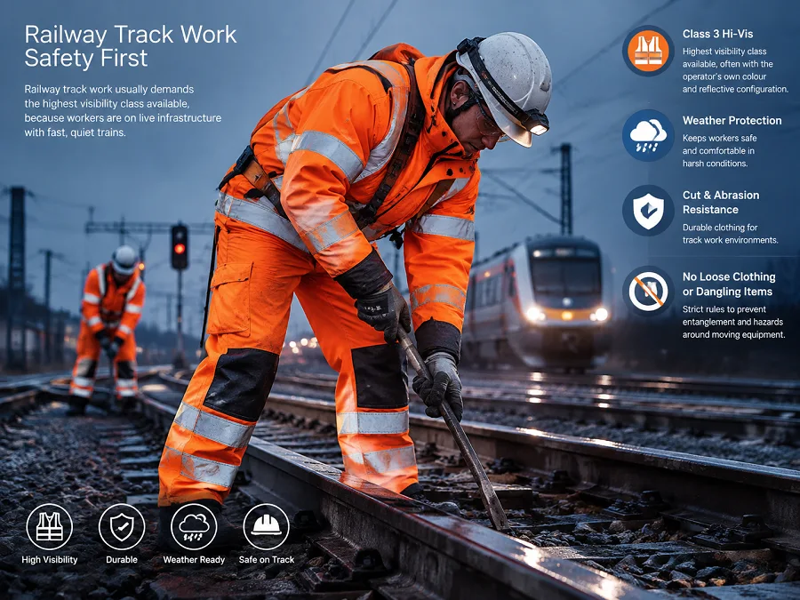 Railway track work usually demands the highest visibility class available, because workers are on live infrastructure with fast, quiet trains. Expect Class 3 hi-vis, often with the operator's own colour and reflective configuration, plus weather protection, cut and abrasion resistance for track work, and strict rules about loose clothing and dangling items.