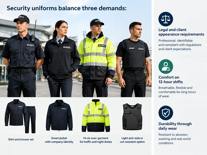 Security uniforms balance three demands: legal and client appearance requirements, comfort on 12-hour shifts, and durability through daily wear. The usual specification is a shirt and trouser set or a smart jacket with a company identity, a hi-vis over-garment for traffic and night duties, and a light anti-stab or cut-resistant option where the risk assessment calls for it.