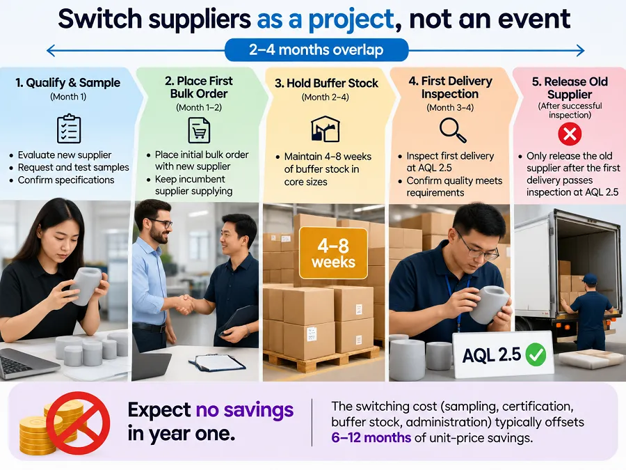 A practical plan for changing workwear suppliers: dual-run timing, buffer stock, certification continuity, colour and size matching, first-delivery acceptance and exit terms.