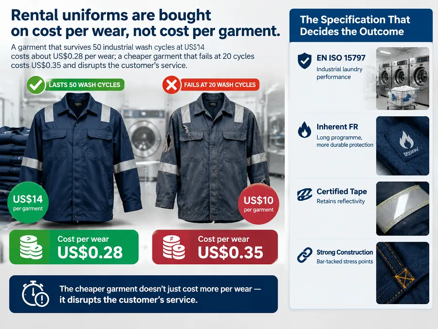 How to specify rental workwear that survives 50+ industrial washes: EN ISO 15797 data, tape performance, fabric choices and the cost-per-wear calculation.