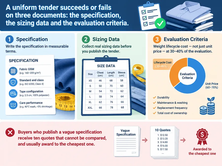 How to run a workwear tender: writing the specification, evaluation weightings, sizing data, compliance checks, lifecycle costing and the contract terms that protect you.