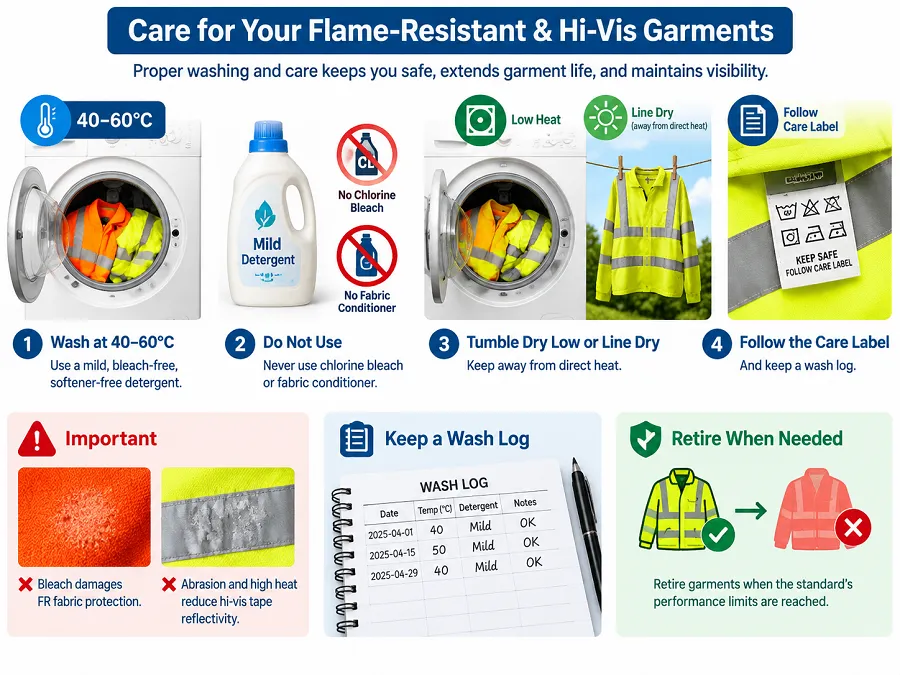 How to wash flame-resistant and hi-vis workwear without destroying protection: temperature limits, detergent rules, drying, stain removal and the inspection points that matter.