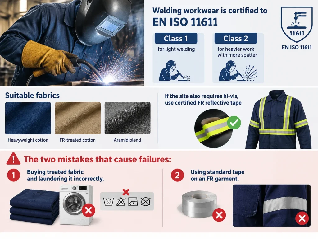 Welding workwear is certified to EN ISO 11611, in Class 1 for light welding and Class 2 for heavier work with more spatter. The fabric is usually heavyweight cotton, FR-treated cotton, or an aramid blend, and it must be paired with certified FR reflective tape if the site also requires hi-vis. The two mistakes that cause failures are buying treated fabric and laundering it incorrectly, and using standard tape on an FR garment.