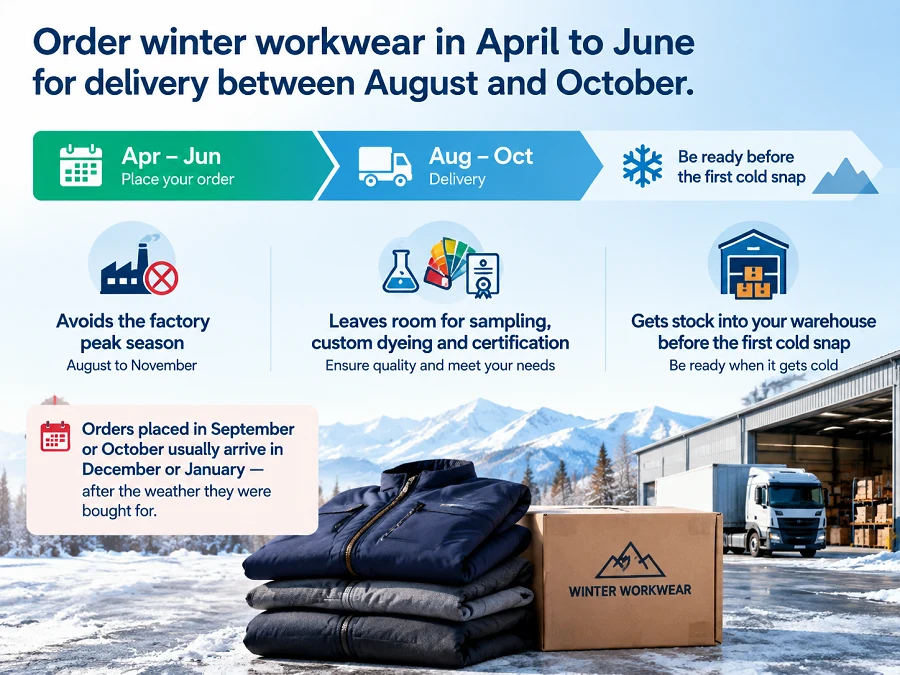 A month-by-month calendar for ordering winter workwear: lead times, production peak, freight cut-offs, sizing and cash-flow planning to have stock before the cold starts.