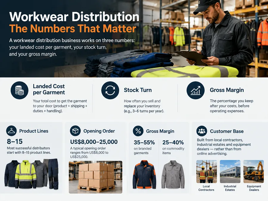 A step-by-step guide to starting a workwear distribution business in 2026: startup costs, product mix, margins, suppliers, first customers and a 90-day plan.