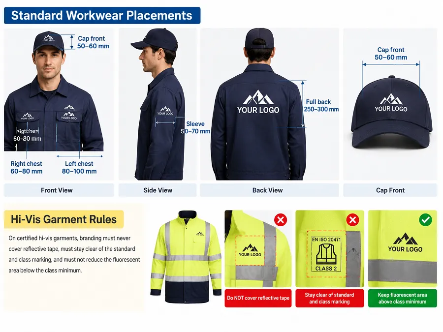 Standard logo placement for workwear with measurements: chest, sleeve, back and cap sizes, plus the hi-vis compliance limits that decide where branding may go.