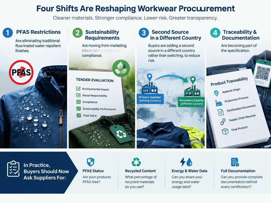The trends shaping workwear procurement in 2026-2027: PFAS restrictions, sustainability requirements in tenders, near-shoring, digital traceability and heat-stress design.
