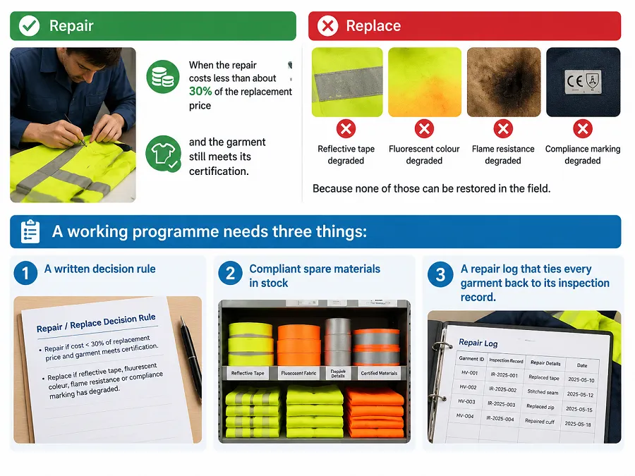 How to decide whether to repair or replace workwear, what can legally be repaired on FR and hi-vis garments, spare parts to stock and how to run a maintenance programme.