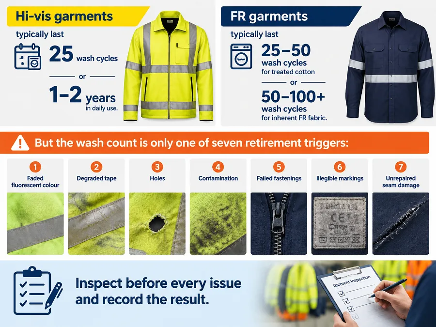 How long hi-vis and FR workwear lasts, the seven retirement triggers, inspection frequency, reflectivity checks and how to budget replacement across a workforce.