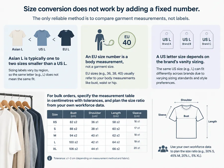 Workwear size charts and conversion for bulk orders: US, EU and Asian sizing compared, the measurement points that matter, garment tolerances and how to build your own chart.