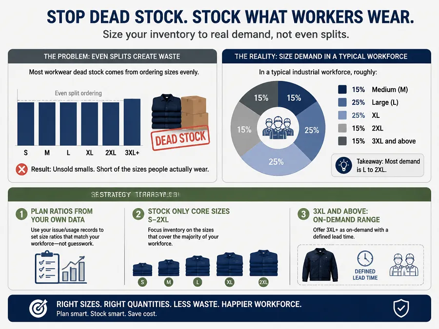 How to plan uniform size ratios for bulk orders: real demand data, typical industrial distributions, extended size traps, reorder points and how to clear dead stock.